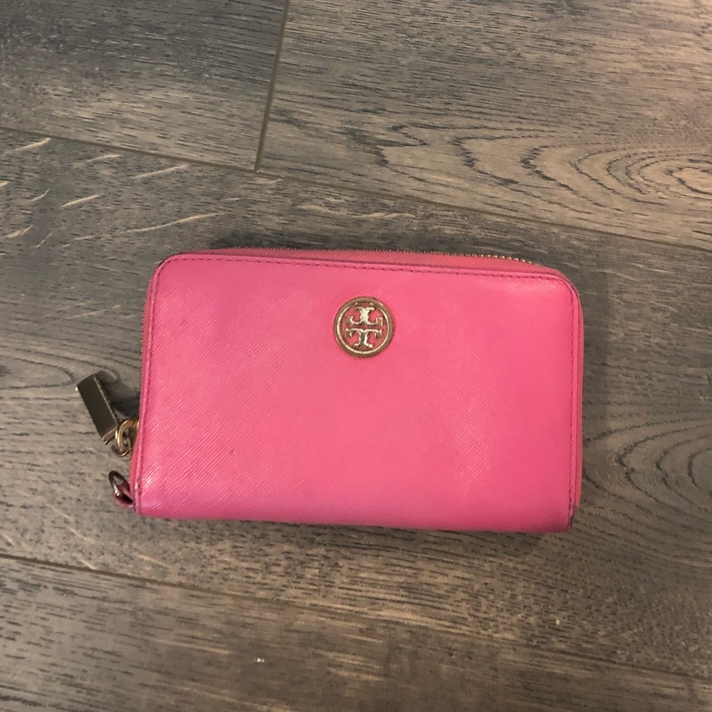 Tory Burch Hot Pink Zip Around Wallet with Gold Logo